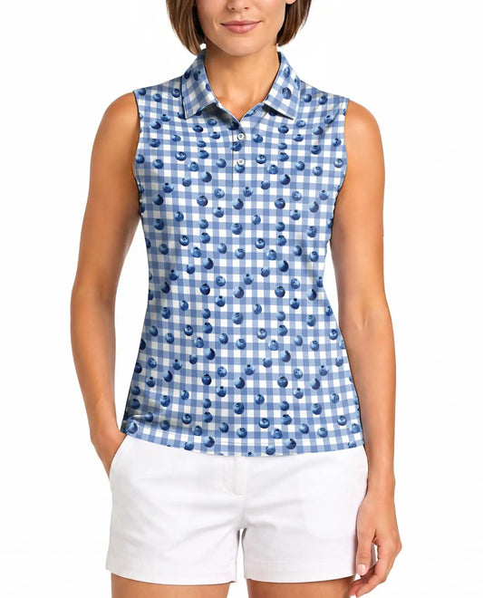 Blueberry Gingham Print Sleeveless Polo Shirt for Women  | Azhawaiian
