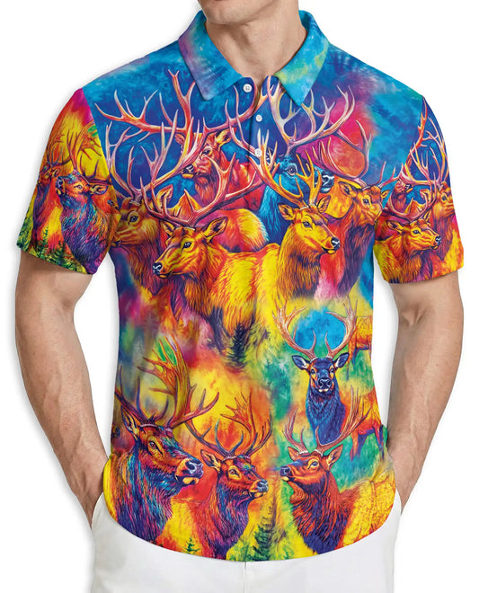 Colorful Deer Polo Shirt, Psychedelic Stag Print | Azhawaiian