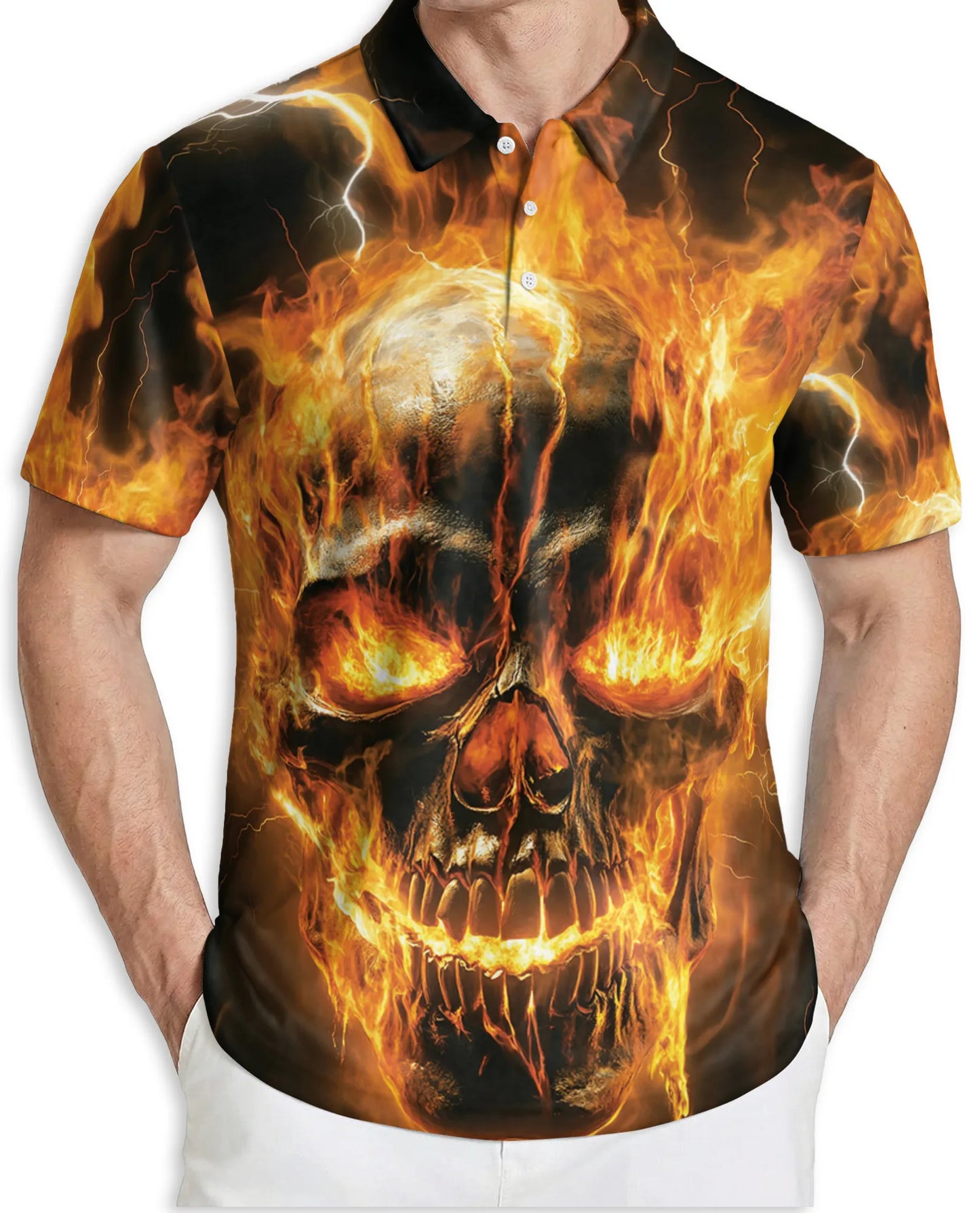 Flaming Skull 3D Polo Shirt for Men, Dark Gothic Fire Style | Azhawaiian