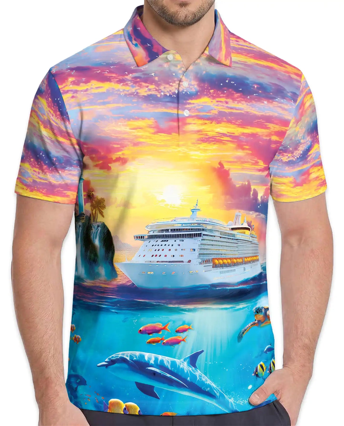 Tropical Cruise Ship Polo Shirt, Ocean Sunset Vacation Style | Azhawaiian