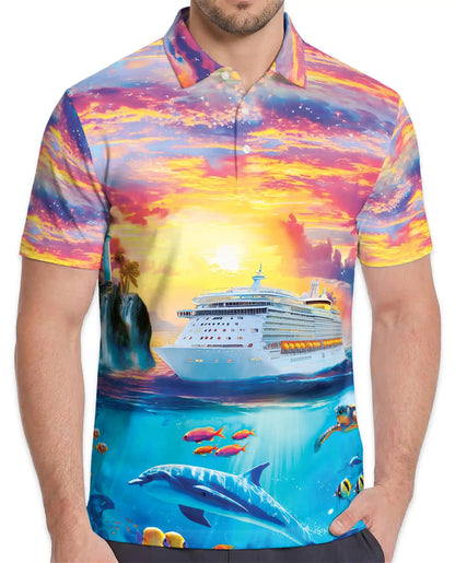 Tropical Cruise Ship Polo Shirt, Ocean Sunset Vacation Style | Azhawaiian