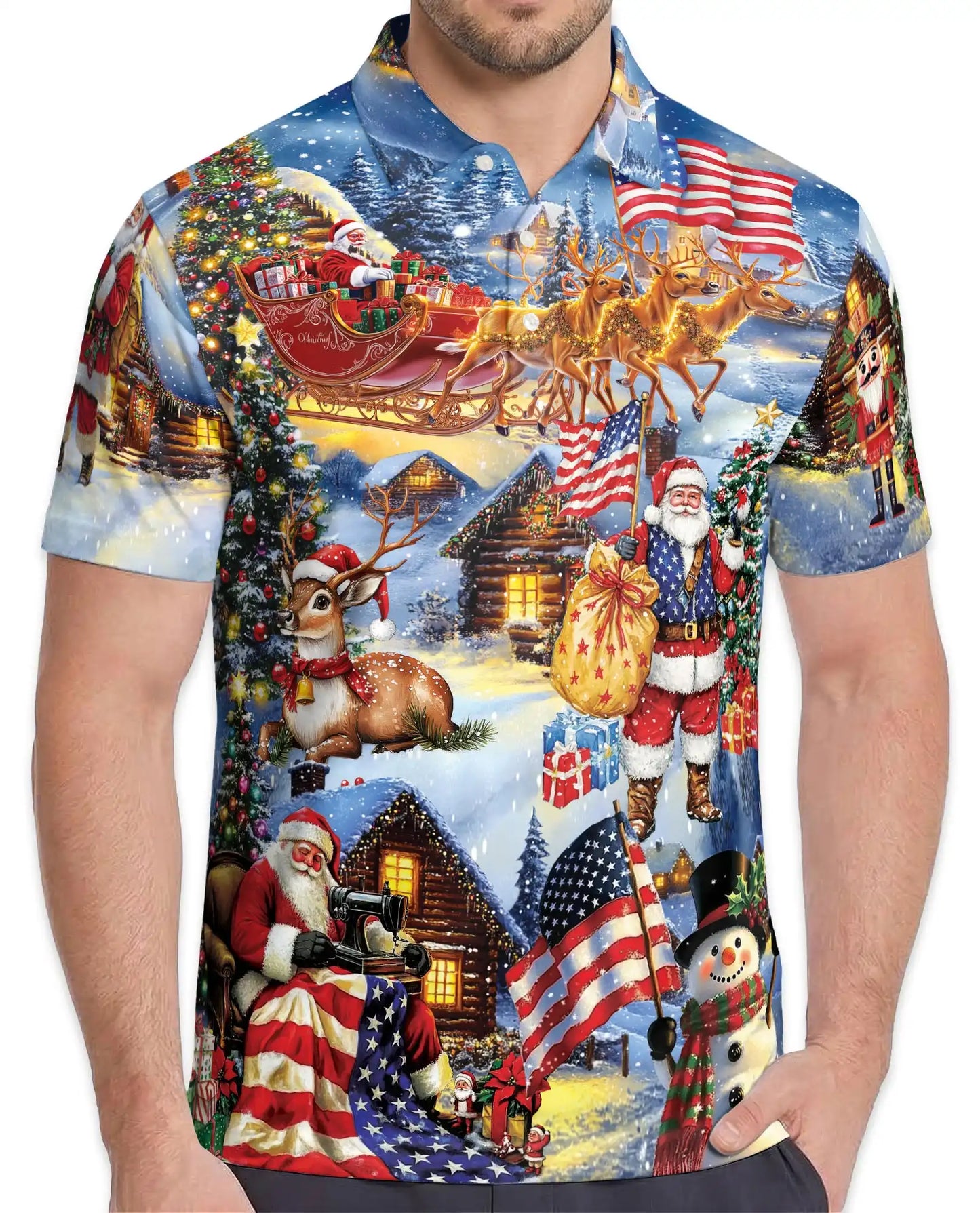 Patriotic Christmas Santa 3D Polo Shirt for Men, USA Holiday Winter Style | Azhawaiian