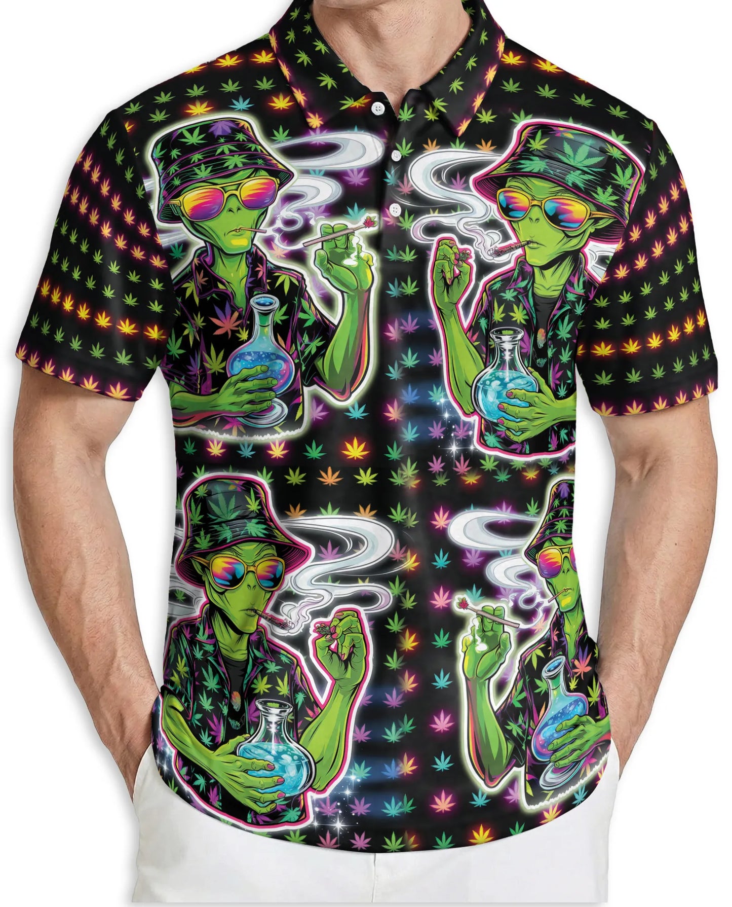 Funny Alien Neon 3D Polo Shirt for Men, Psychedelic Space Style | Azhawaiian