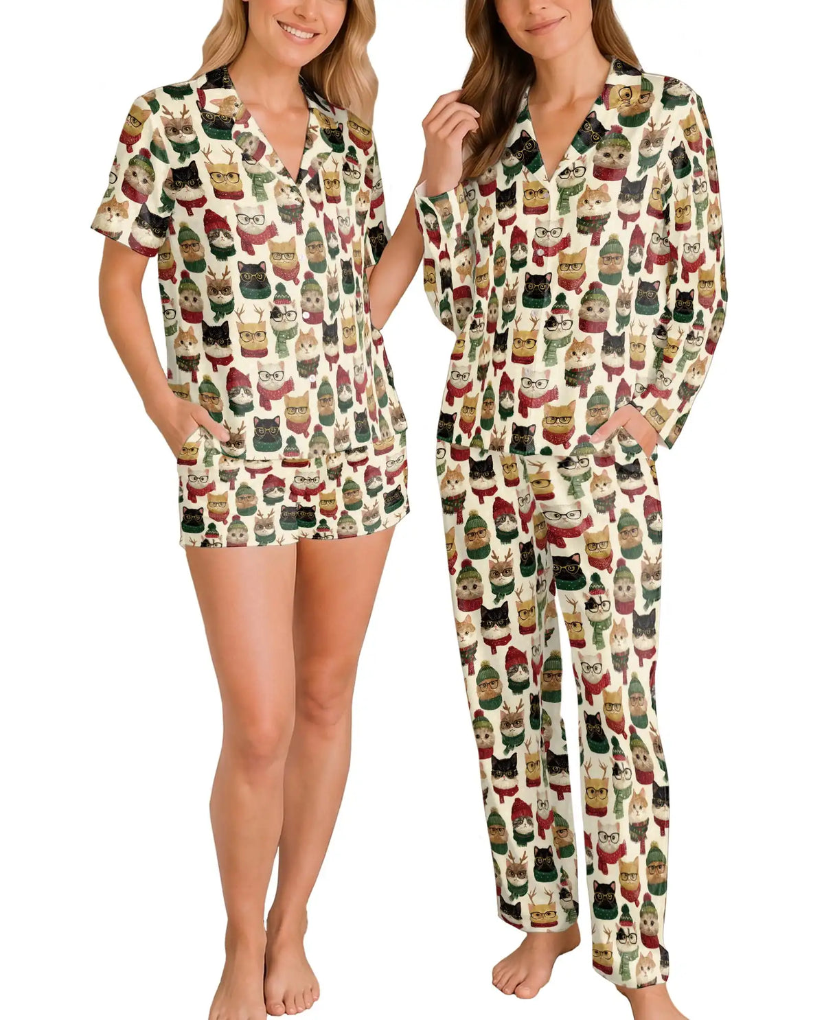 Christmas Cat Pajama Set for Women – Funny Cats with Glasses & Winter Hats Print
