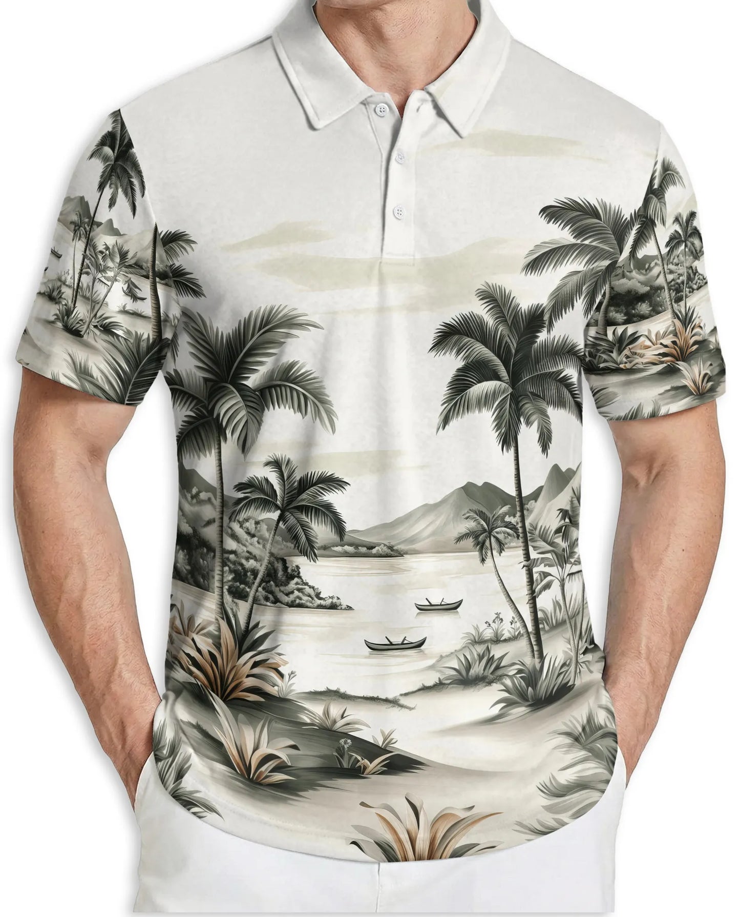 Tropical Landscape 3D Polo Shirt for Men, Vintage Beach Palm Style | Azhawaiian