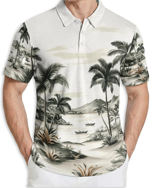 Tropical Landscape 3D Polo Shirt for Men, Vintage Beach Palm Style | Azhawaiian