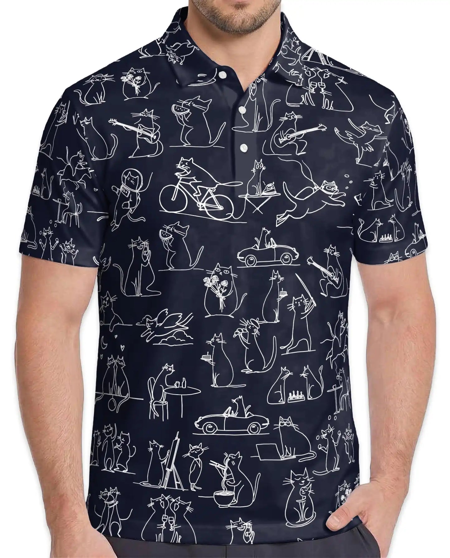 Funny Cat Doodle Polo Shirt - Whimsical Feline Sketch Style | Azhawaiian