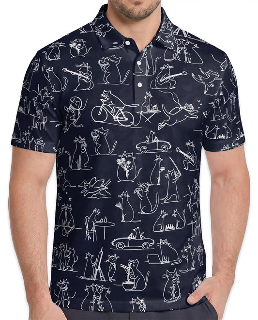 Funny Cat Doodle Polo Shirt - Whimsical Feline Sketch Style | Azhawaiian