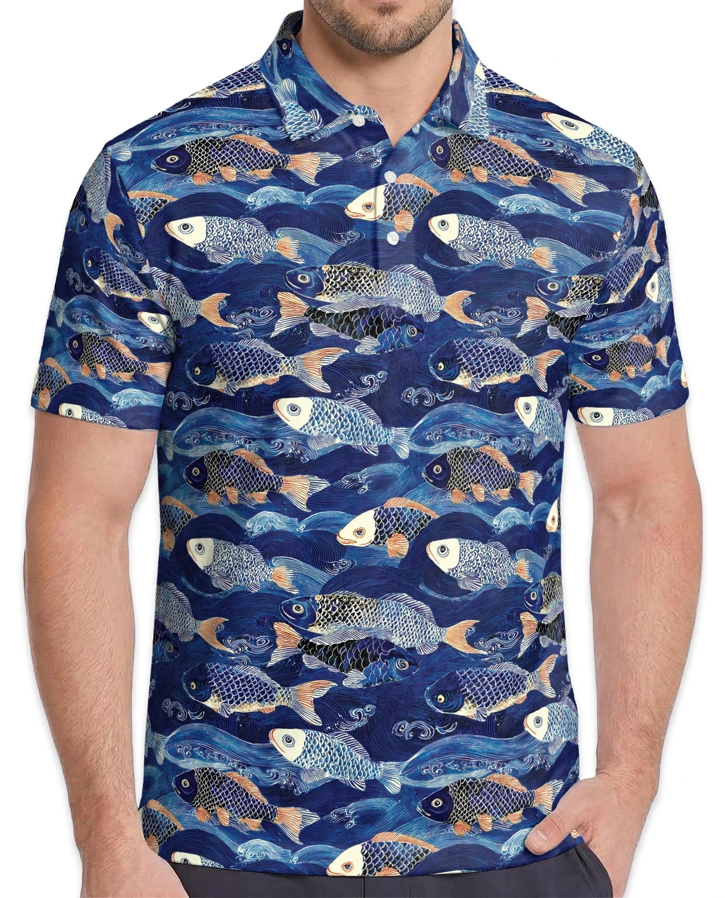 Japanese Koi Fish Pattern Polo Shirt for Men, Traditional Asian Art | Azhawaiian