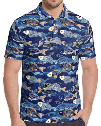 Japanese Koi Fish Pattern Polo Shirt for Men, Traditional Asian Art | Azhawaiian