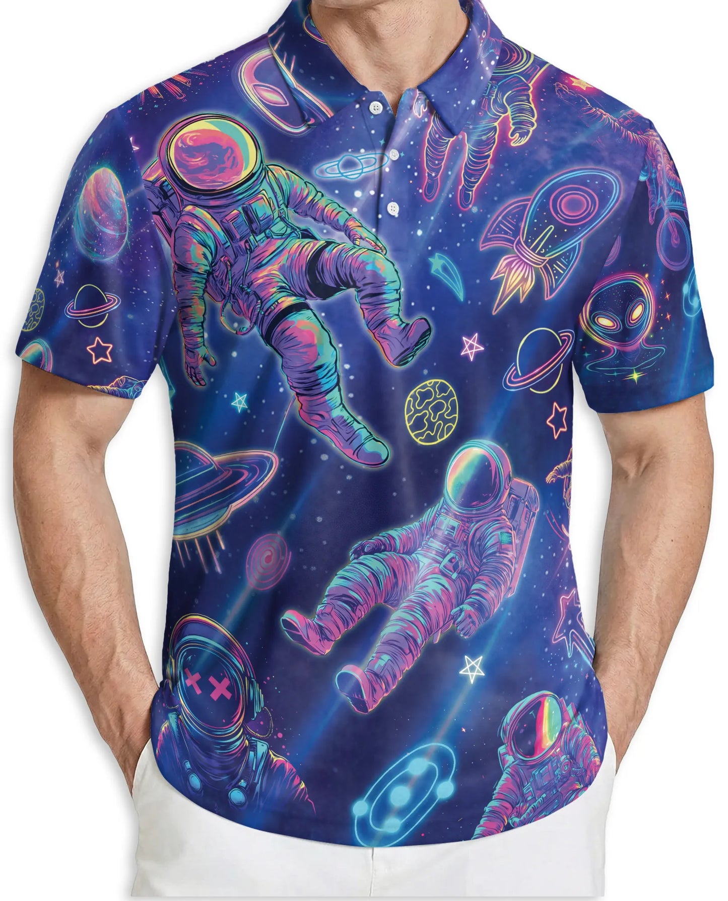 Astronaut Space 3D Polo Shirt for Men, Neon Galaxy Sci-Fi Style | Azhawaiian