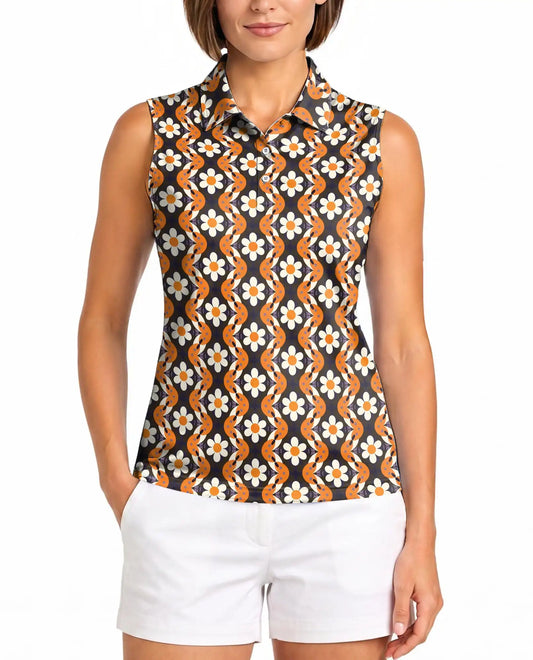Orange Daisy Wave Pattern Sleeveless Polo Shirt for Women | Azhawaiian