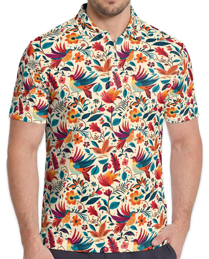 Colorful Tropical Bird Polo Shirt - Floral Folk Art Nature Pattern | Azhawaiian