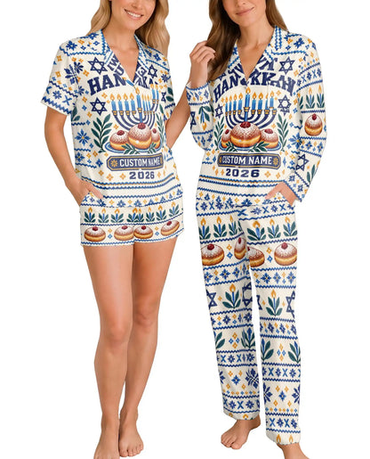 Personalized Sweet Hanukkah Pajama Set for Women – Custom Name & Year Donut Print