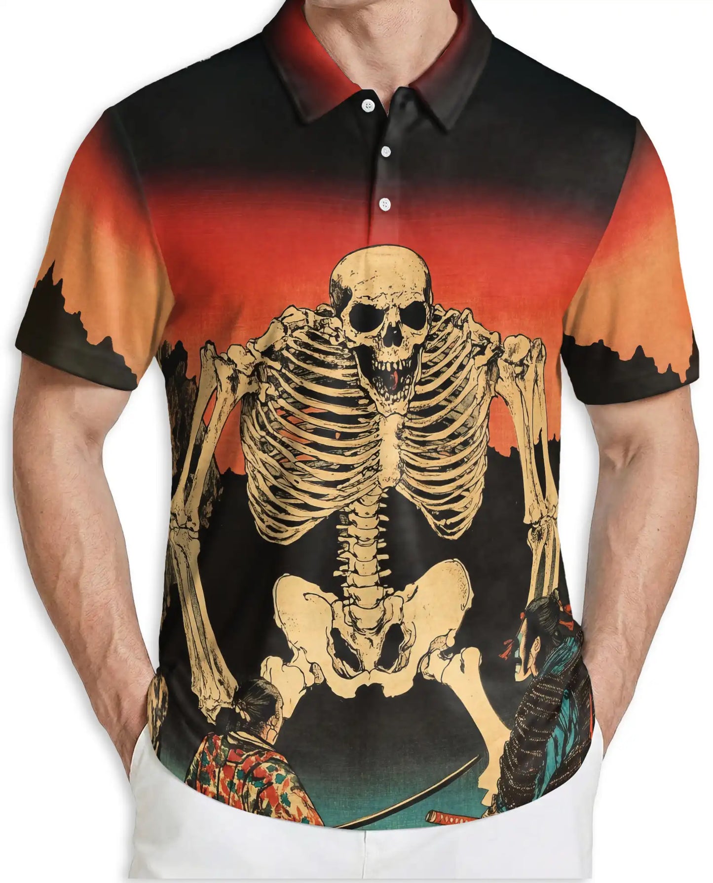 Skeleton Sunset Polo Shirt, Vintage Skull Print | Azhawaiian