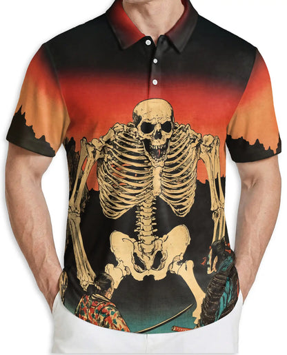 Skeleton Sunset Polo Shirt, Vintage Skull Print | Azhawaiian
