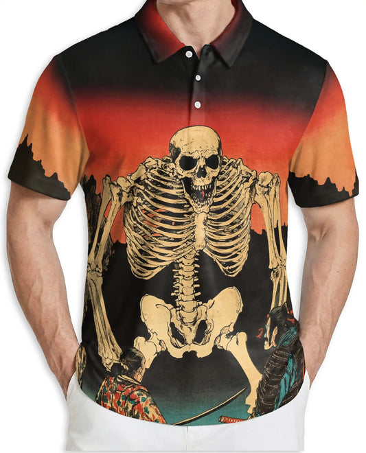 Skeleton Sunset Polo Shirt, Vintage Skull Print