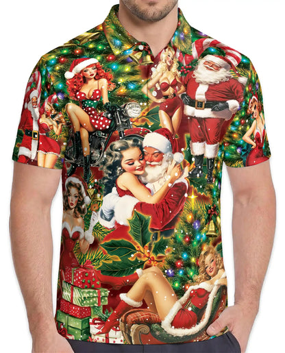 Vintage Santa Pin Up Polo Shirt - Retro Christmas Party Style | Azhawaiian