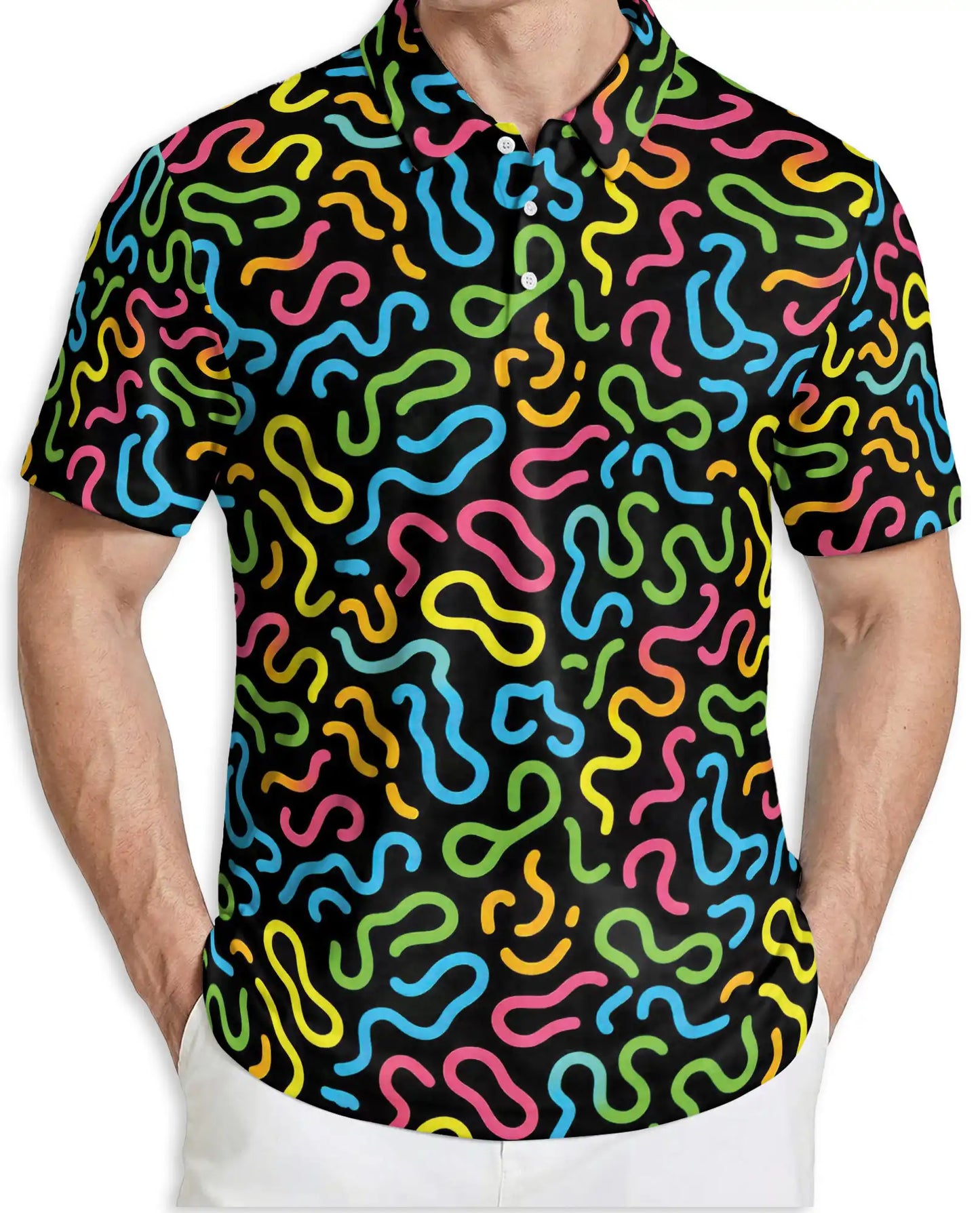 Retro Memphis Pattern Polo Shirt for Men-Colorful Abstract Style | Azhawaiian
