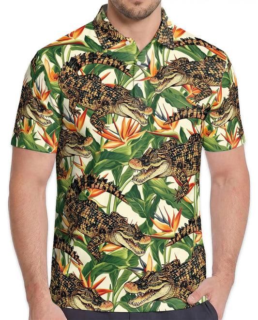 Alligator Tropical Polo Shirt - Crocodile Hawaiian Wildlife Design | Azhawaiian