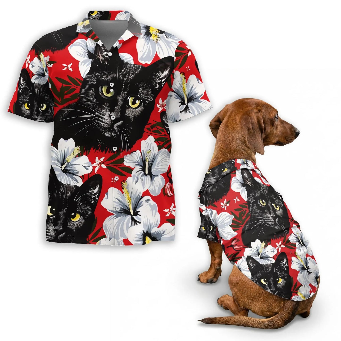 Black Cat Tropical Beach Matching Dog Owner Hawaiian Shirts, Funny Pet Aloha Shirt for Beach Vacation - Azhawaiian