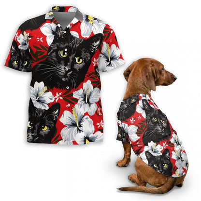 Black Cat Tropical Beach Matching Dog Owner Hawaiian Shirts, Funny Pet Aloha Shirt for Beach Vacation - Azhawaiian