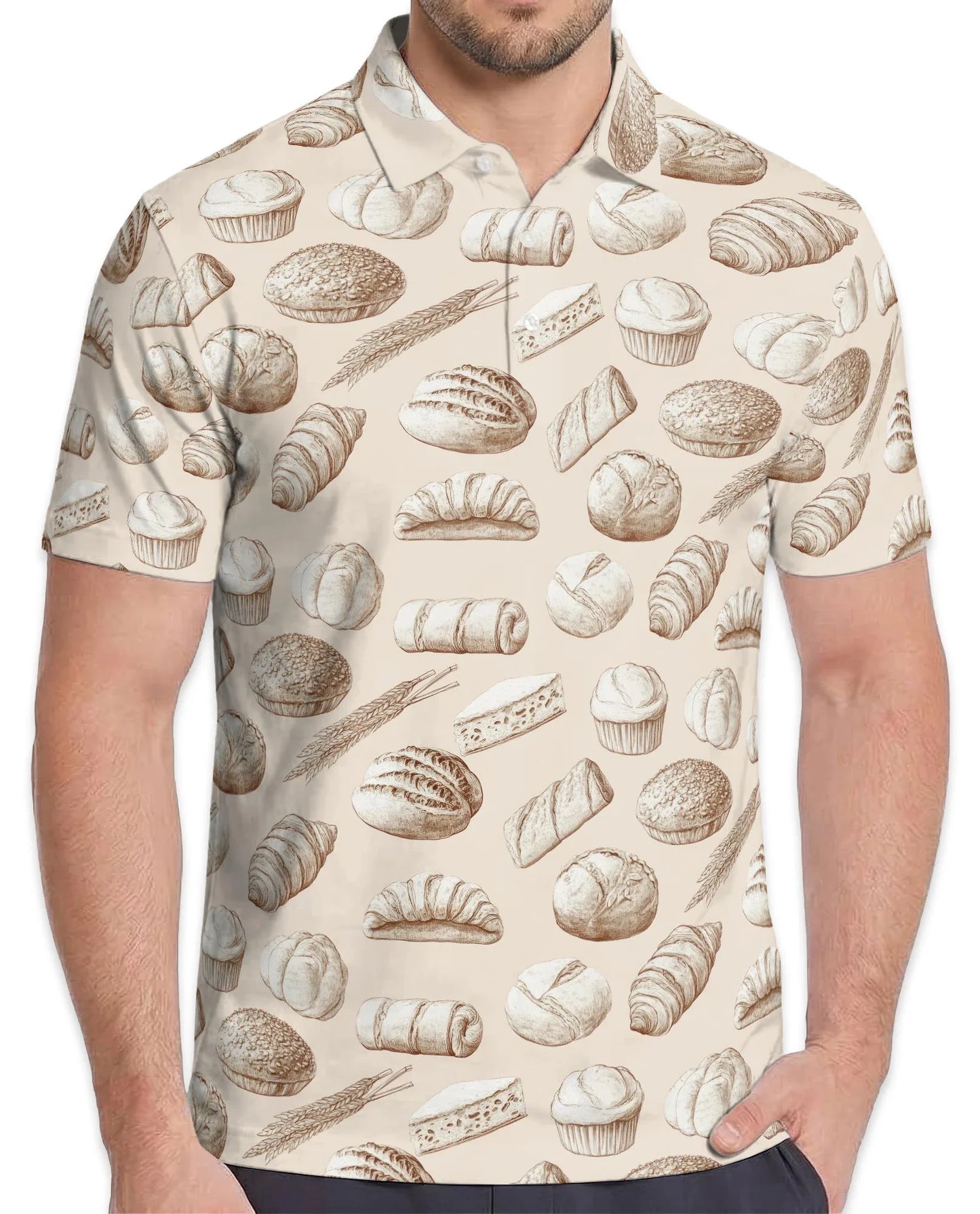 Bread Pattern Polo Shirt for Men, Funny Food Lover Style | Azhawaiian