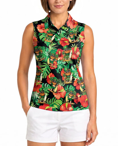 Funny Surfing Leprechaun Tropical Sleeveless Polo Shirt for Women | Azhawaiian