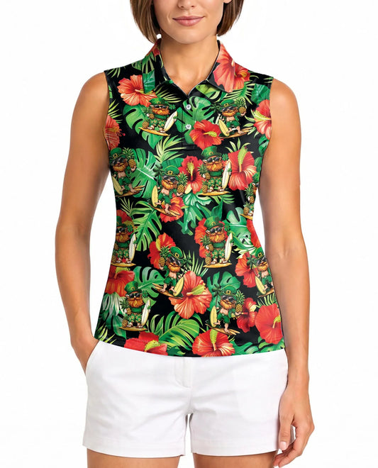 Funny Surfing Leprechaun Tropical Sleeveless Polo Shirt for Women | Azhawaiian