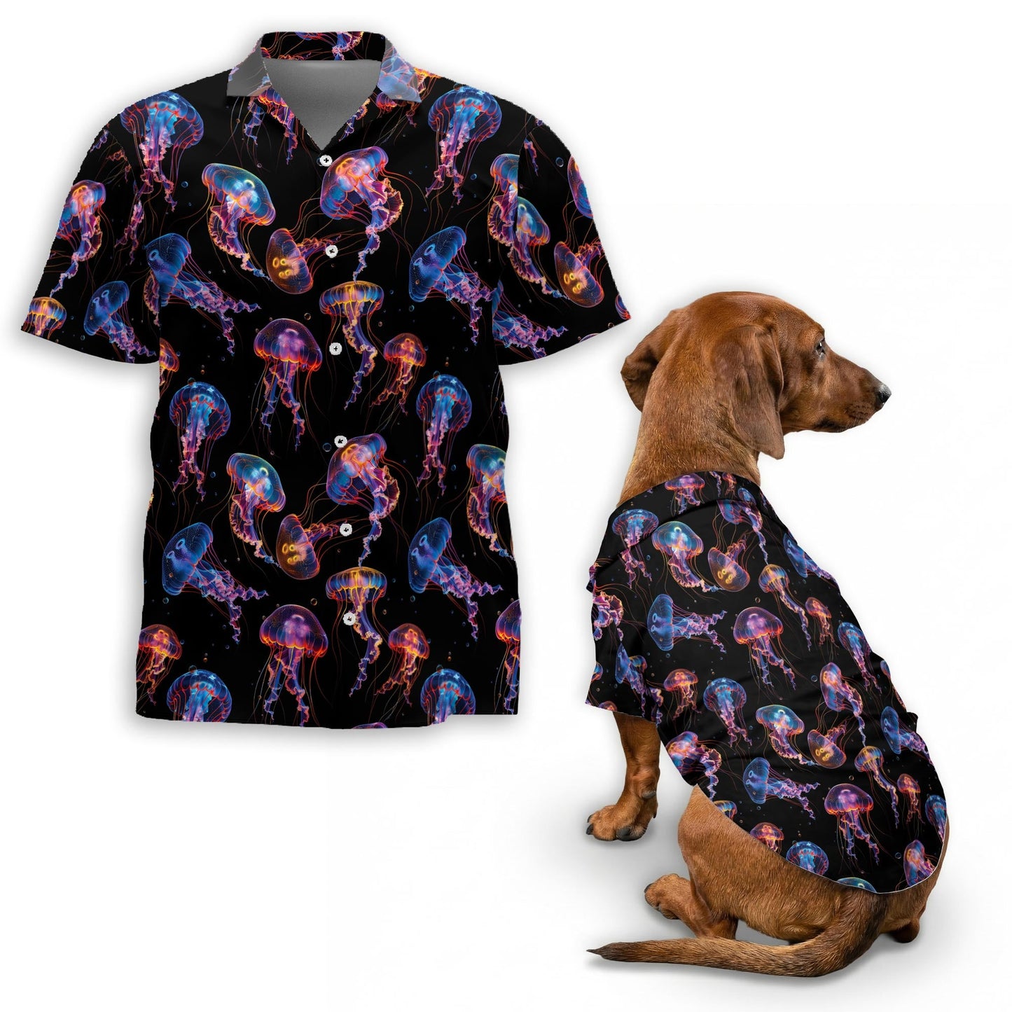 Neon Jellyfish Matching Dog Owner Hawaiian Shirts, Funny Pet Aloha Shirt for Beach Vacation - Azhawaiian
