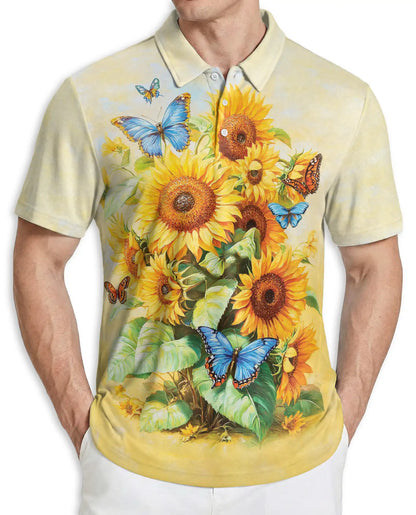 Sunflower Butterfly Polo Shirt, Floral Summer Style | Azhawaiian