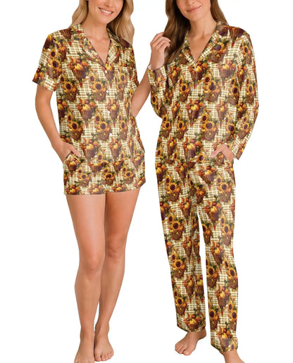 Fall Sunflower & Pumpkin Pajama Set for Women – Rustic Plaid Print
