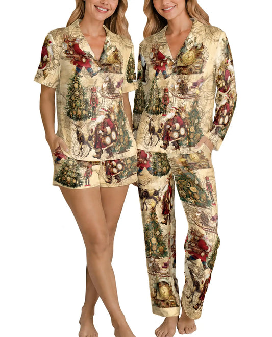 Steampunk Santa Christmas Pajama Set for Women – Vintage Clockwork Print