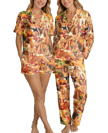 Thanksgiving Pajama Set for Women, Vintage Pin Up Holiday Sleepwear with Autumn Design