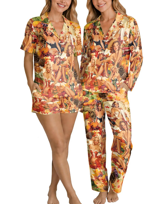 Thanksgiving Pajama Set for Women, Vintage Pin Up Holiday Sleepwear with Autumn Design