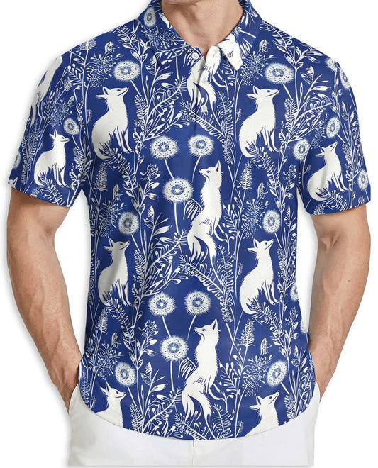 Woodland Fox Botanical Polo Shirt-Cottagecore Forest Wildlife Pattern