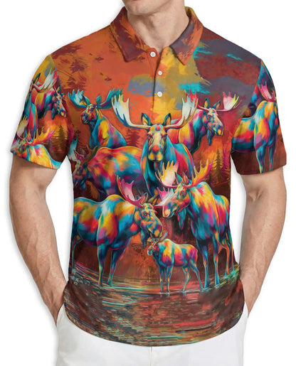 Colorful Moose Polo Shirt, Artistic Wildlife Style | Azhawaiian