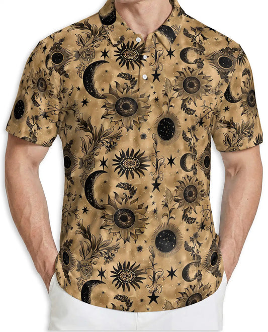 Celestial Sunflower Polo Shirt for Men-Boho Moon Stars Botanical Floral Shirt | Azhawaiian