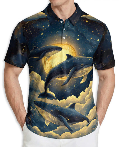 Whale Galaxy Polo Shirt, Moon Ocean Print | Azhawaiian