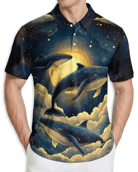 Whale Galaxy Polo Shirt, Moon Ocean Print | Azhawaiian