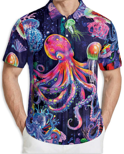 Neon Octopus Jellyfish 3D Polo Shirt for Men, Colorful Ocean Fantasy Style | Azhawaiian