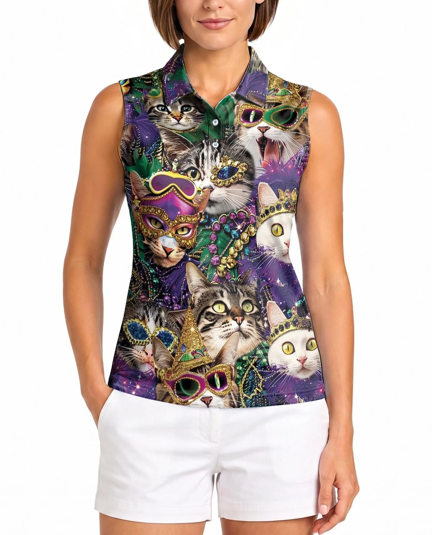Cats Mardi Gras Carnival Sleeveless Polo Shirt for Women