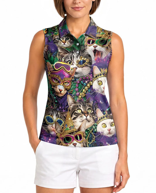 Cats Mardi Gras Carnival Sleeveless Polo Shirt for Women | Azhawaiian