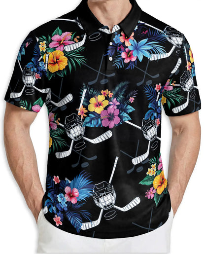 Tropical Hockey Floral 3D Polo Shirt for Men, Hawaiian Sports Fan Style | Azhawaiian