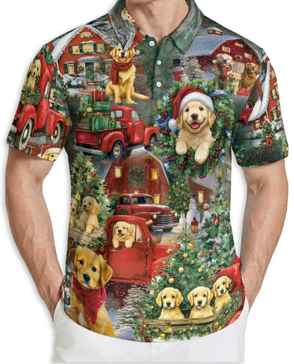 Festive Christmas Dogs Polo Shirt for Men, Holiday Graphic Tee | Azhawaiian
