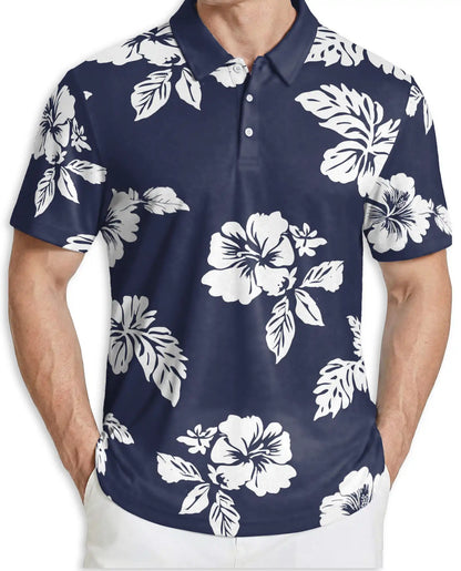 Navy Blue Hibiscus Polo Shirt for Men- Print Tropical Floral | Azhawaiian