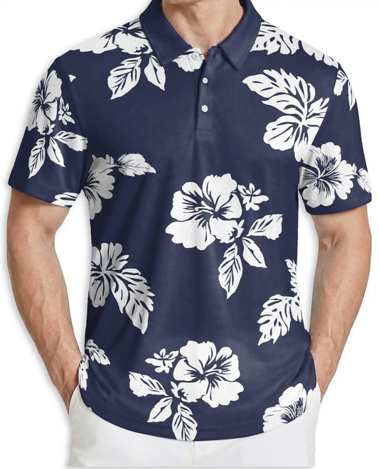 Navy Blue Hibiscus Polo Shirt for Men- Print Tropical Floral | Azhawaiian