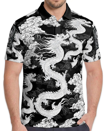 White Asian Dragon Polo Shirt for Men - Black Oriental Dragon Art | Azhawaiian