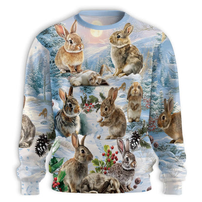 Rabbits in Snow Sweatshirt – Colorful Graphic 3D All Over Print Design