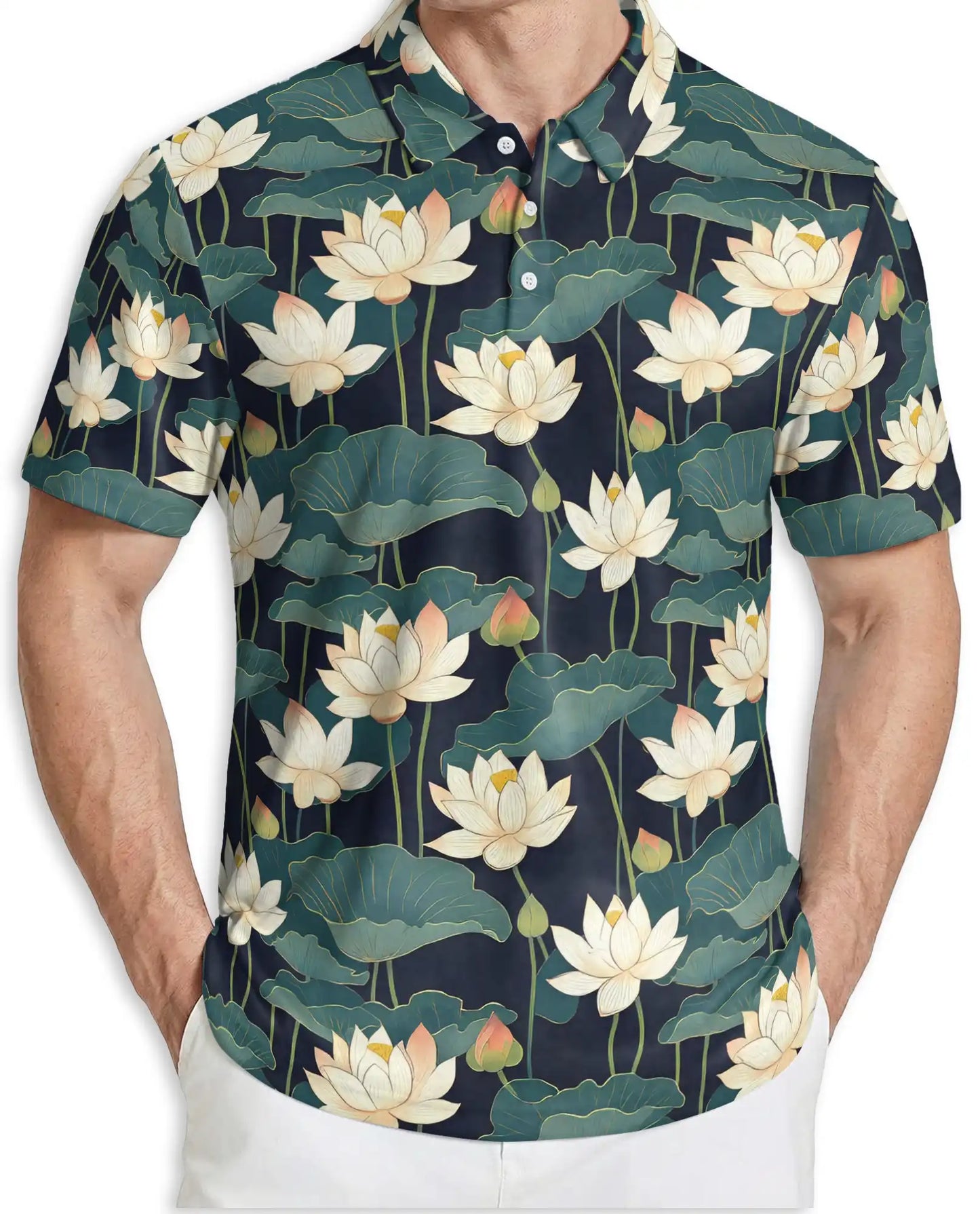 Lotus Flower Polo Shirt, Elegant Botanical Print | Azhawaiian